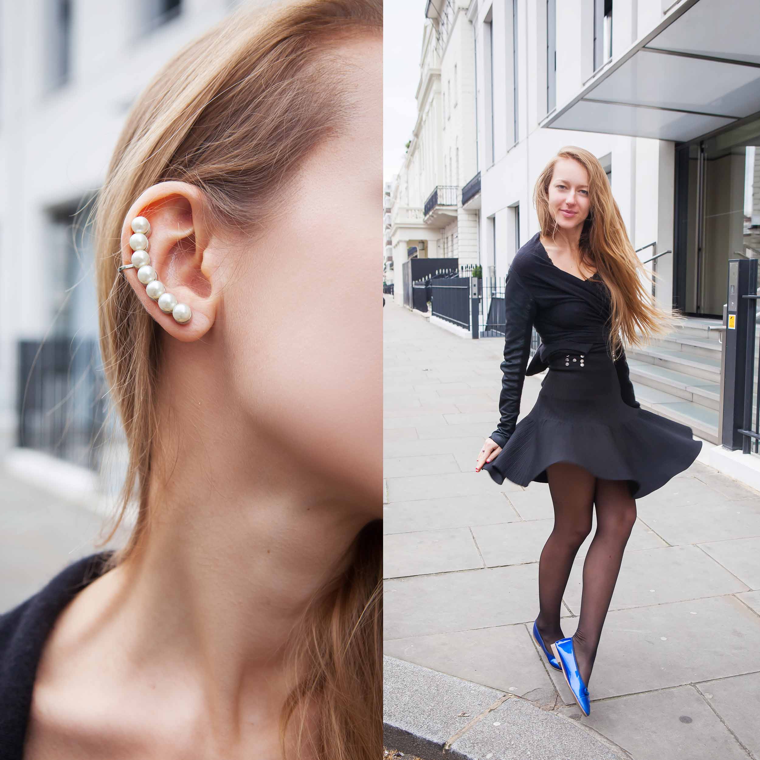 Pearl earcuff by Topshop, wool cardigan with leather by Isabel Benenato, skirt by Vena Cava, electric blue ballerinas by CHANEL