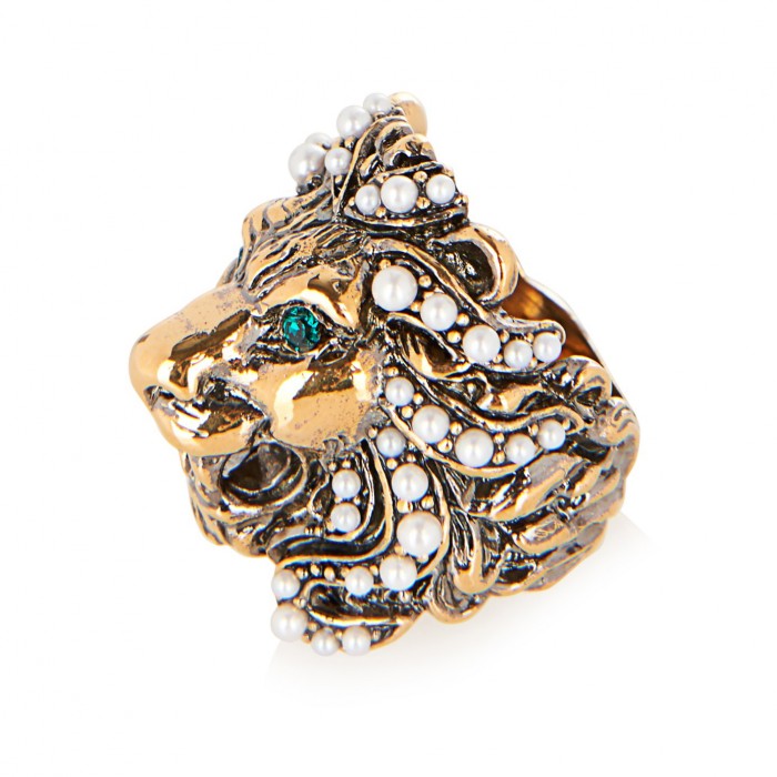 GUCCI Crystal and pearl-embellished lion ring