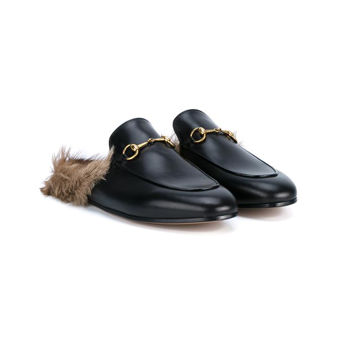 GUCCI Leather and Kangaroo Fur Slippers
