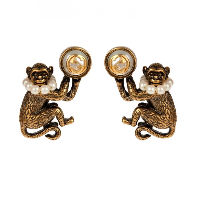 GUCCI Monkey brass and glass-pearl earrings