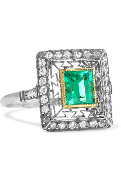 FRED LEIGHTON 1920s platinum, emerald and diamond ring
