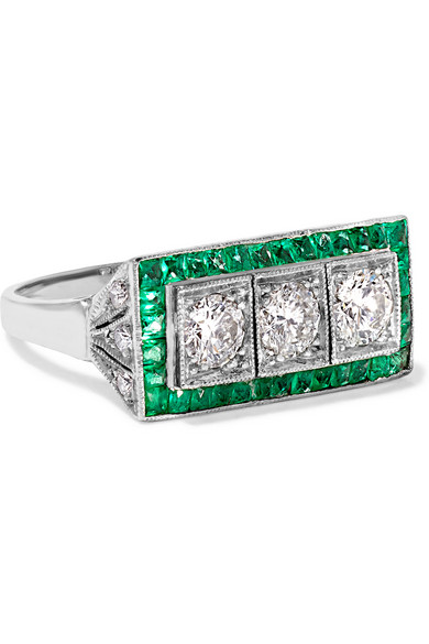 FRED LEIGHTON Art Deco 18K white gold, diamond and emerald ring
